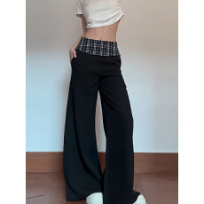 批发2026新款宽松黑色<b class='q'>格子</b>拼接<b class='q'>西装</b>阔腿裤女慵懒风垂感休闲长裤