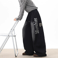 批发重磅字母印花卫裤男<b class='q'>冬</b>季高街hiphop休闲弯刀裤潮牌水洗做旧阔腿裤