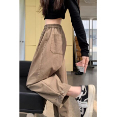 批发原版做工纯棉骑兵斜】工装裤高腰<b class='q'>大码</b>女休闲梨形宽松哈伦九分裤