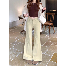 批发 实拍~美式卡其色微喇牛仔裤女低腰显瘦宽松垂感喇叭裤