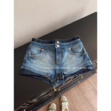 批发牛仔短裤女2026新款水洗做旧假两件双腰头低腰复古辣妹修身休闲裤