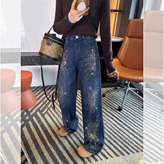 批发2026春大码新款重工烫钻设计蓝色牛仔<b class='q'>裤</b>女高腰宽松显瘦直筒阔<b class='q'>腿</b>