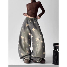 批发美式复古星星印花做旧牛仔<b class='q'>裤</b>女2026春季新款宽松直筒阔<b class='q'>腿</b>拖地长<b class='q'>裤</b>