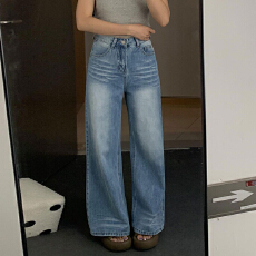 批发设计感水洗牛仔裤女2026新款秋季阔腿裤折痕高腰做旧宽松拖地长裤