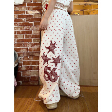 批发美式星星印花<b class='q'>阔腿裤</b>女黑色高腰宽松慵懒风休闲长<b class='q'>裤</b>