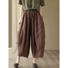 批发棉麻休闲裤<b class='q'>女</b>款夏季松紧腰系带宽松<b class='q'>哈伦裤</b>子复古拼接垂感灯笼裤