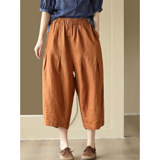 批发文艺新款复古手工捏褶棉麻八分裤<b class='q'>女</b>松紧腰显瘦<b class='q'>哈伦裤</b>休闲裤松紧腰