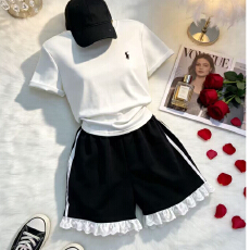 批发蕾丝花边条纹拼接运动<b class='q'>短裤</b>女2025新款夏季高腰显瘦百搭宽松<b class='q'>短裤</b>