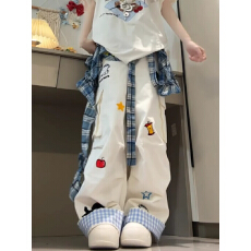 批发白色复古格纹小狗刺绣工装牛仔<b class='q'>裤</b>女夏季宽松显瘦高腰直筒阔腿长<b class='q'>裤</b>