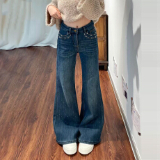 批发满天星<b class='q'>烫钻</b>微喇<b class='q'>牛仔裤</b>女2026夏季新款高腰显瘦宽松小个子喇叭裤