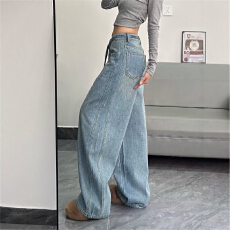 批发满天星<b class='q'>烫钻</b>高腰阔腿<b class='q'>牛仔裤</b>女2026夏季抽绳宽松显瘦休闲直筒拖地裤