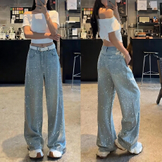 批发2026春季新款复古休闲设计感满天星<b class='q'>烫钻</b>直筒<b class='q'>牛仔裤</b>女高腰阔腿裤