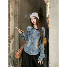 批发复古蓝色长袖衬衫外套女<b class='q'>秋</b>季修身收腰牛仔衬衣设计感气质开衫上衣