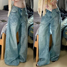 批发美式辣妹刺绣<b class='q'>烫钻</b>直筒<b class='q'>牛仔裤</b>女夏季高街设计感宽松阔腿拖地长裤