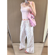 批发2026韩国小众撞色腰头可束脚涂鸦印花长裤宽松<b class='q'>休闲</b>阔腿裤