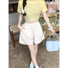 批发<b class='q'>韩版</b>杏白短<b class='q'>裤</b>女外穿夏小个子休闲运动宽松高腰A字阔腿<b class='q'>裤</b>