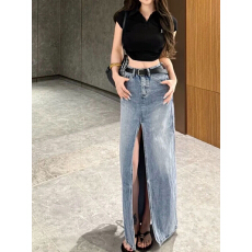 批发复古前开叉<b class='q'>牛仔</b>半身裙女2026夏季新款设计感高腰中长款a字包臀裙