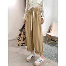 批发卡其色工装裤<b class='q'>女</b>夏梨形身材薄款松紧腰阔腿裤子九分休闲萝卜<b class='q'>哈伦裤</b>