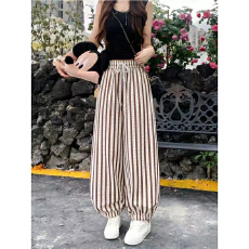 批发原版面料~外贸剪标休闲裤女夏季薄款束脚裤哈伦裤网红条纹<b class='q'>九分</b>裤