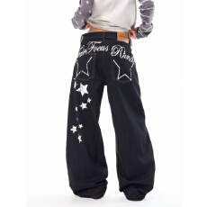 批发美式复古星星水洗弯刀牛仔裤男女<b class='q'>春</b>秋季新款宽松休闲阔腿显瘦长裤