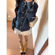 批发复古蓝色调肌理感牛仔小香风外套女春<b class='q'>秋</b>款宽松设计感小众立领夹克