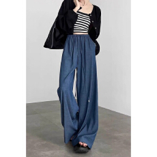 批发天丝牛仔有口袋 女夏季薄款大码<b class='q'>松紧</b>腰显瘦宽松垂感直筒阔腿长裤