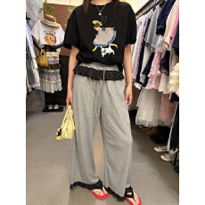 批发2026夏季新款韩系<b class='q'>甜美</b>波点拼接花边休闲裤松紧腰宽松直筒阔腿裤女