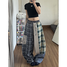 批发小众设计拼接阔腿裤女春<b class='q'>秋</b>款高腰松紧腰宽松显瘦日系复古休闲裤