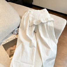 批发韩版时尚简约白色直筒休闲裤男女春<b class='q'>秋</b>别致假两件拼接宽松阔腿长裤