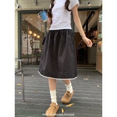 批发波点中裙 韩系蕾丝花边<b class='q'>半身裙</b>女休闲百搭中长款裙子