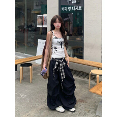 批发假两件格子设计感拼接屁帘工装裤女夏季薄款速干<b class='q'>运动</b>裤爵士舞裤子