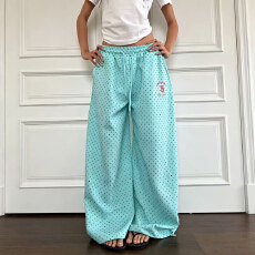 批发美式波点满印阔腿卫裤男女<b class='q'>春</b>宽松休闲垂感直筒长裤