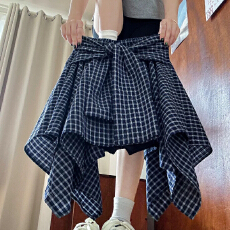 藏青色格子裙女夏新款高腰显瘦a字不规则半身短裙