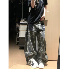 批发美式工装迷彩直筒牛仔裤女春秋季<b class='q'>大码</b>胖妹妹高腰宽松显瘦阔腿长裤