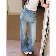 批发高级感水洗做旧长裤屁帘假两件蓝色牛仔阔腿裤<b class='q'>女</b>2026高腰<b class='q'>直筒</b>长裤