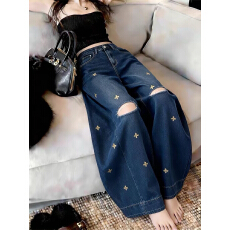 批发高腰破洞牛仔阔腿裤<b class='q'>女</b>夏季做旧新款高级感慵懒休闲<b class='q'>直筒</b>长裤
