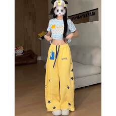 批发美式复古星星弯刀裤女夏季学生韩版宽松休闲运动<b class='q'>长裤</b>