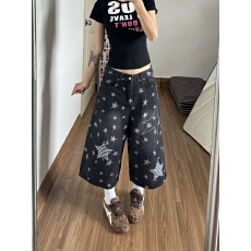 批发美式复古小众满印星星贴布<b class='q'>七分裤</b>2026夏季情侣宽松阔腿牛仔中裤