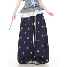 批发蓝鬼公园Languid Park 星星满印阔脚抽绳休闲裤<b class='q'>女</b>夏季小众长裤子