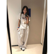 自制美式慵懒撞色条纹抽绳休闲裤男女宽松百搭潮流直筒拖地裤