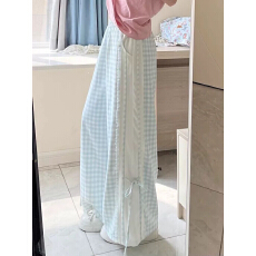 批发<b class='q'>甜美</b>蕾丝拼接格子阔腿裤女2026小个子新款宽松高腰显瘦慵懒休闲裤