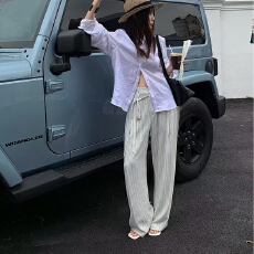 批发美式复古简约条纹休闲西裤男女春秋宽松垂感阔腿高级感长裤