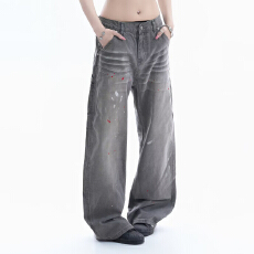 批发复古水洗做旧泼墨牛仔裤<b class='q'>男</b>女潮牌高级感美式街头情侣宽松休闲<b class='q'>裤子</b>