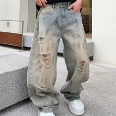 批发美式复古蓝色破洞乞丐牛仔裤男高街潮牌小众设计长裤子