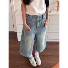 批发 美式复古竹节纹水洗做旧牛仔七分裤男女街头宽松休闲小众短裤