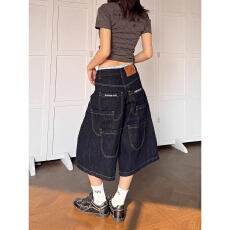 批发蓝色多口袋工装牛仔<b class='q'>短裤</b><b class='q'>男</b>夏季美式复古阔腿裤宽松直筒休闲七分裤