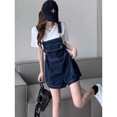 批发复古减龄深蓝色<b class='q'>牛仔</b>背带裤短裤女2026夏季新款洋气百搭吊带<b class='q'>连体裤</b>