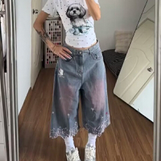 批发夏季美式休闲痞帅水洗复古牛仔<b class='q'>短裤</b><b class='q'>男</b>直筒宽松百搭七分裤子潮牌