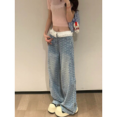 批发蕾丝<b class='q'>牛仔裤</b>女花边蓝色夏季新款高腰显瘦百搭休闲氛围感长裤