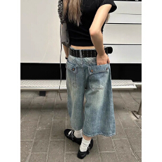 批发夏季高腰美式复古宽松七分阔腿<b class='q'>牛仔裤</b>女小个子薄直筒百搭中裤